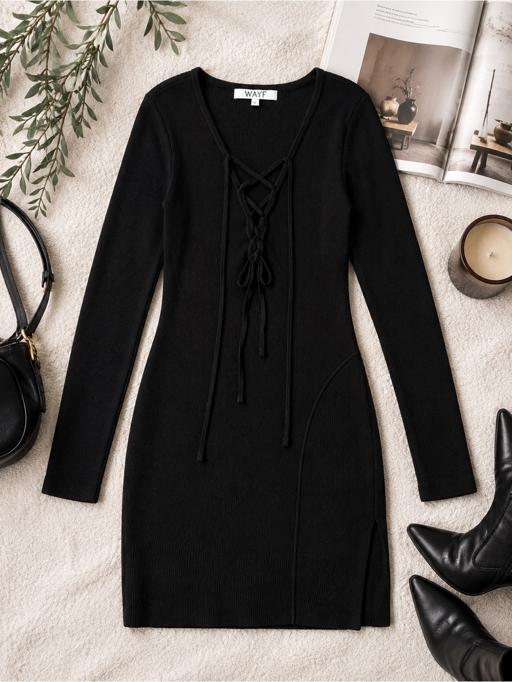WAYF Black Lace-Up Ribbed Knit Mini Dress Long Sleeve Stretch V-Neck - Picture 4 of 5